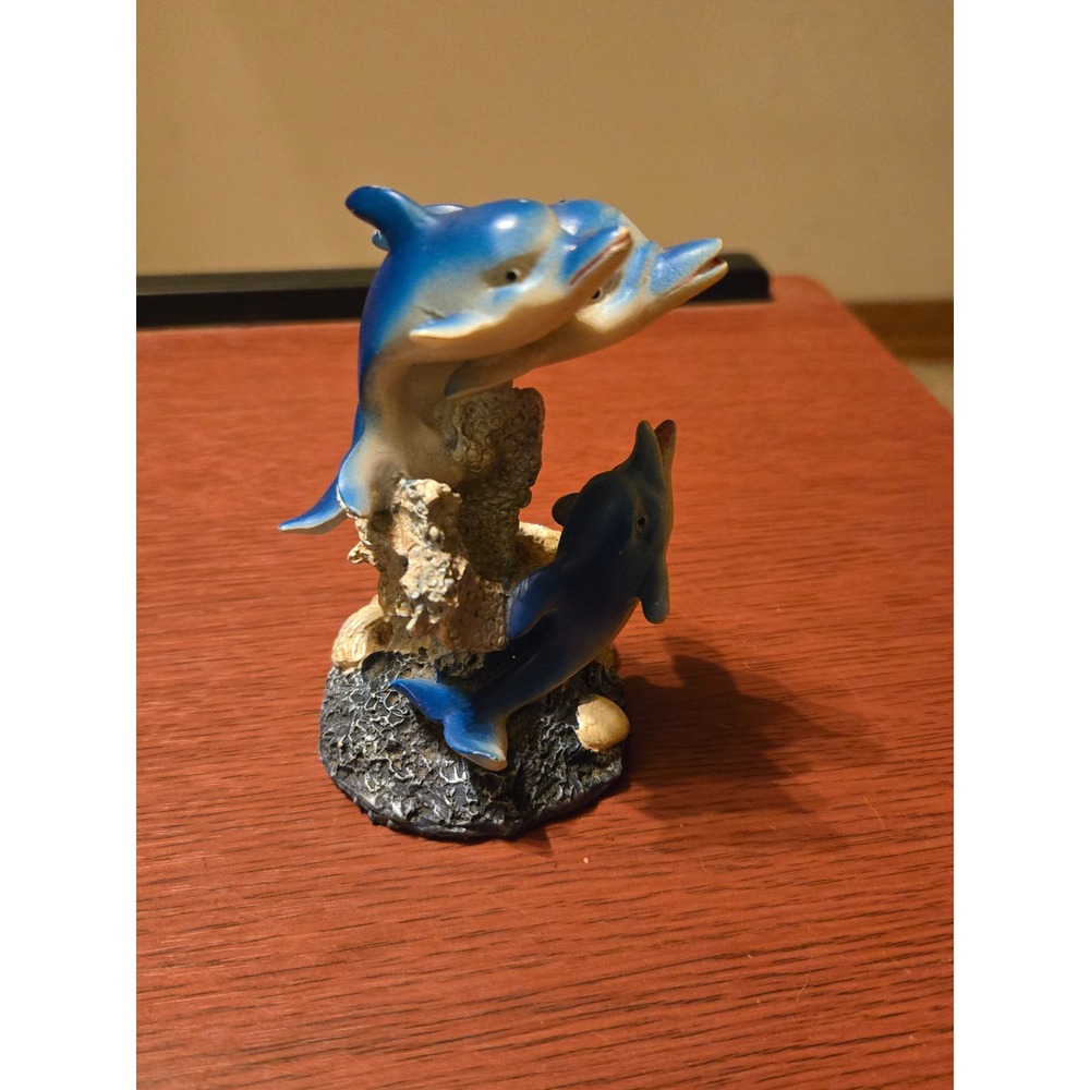 Vintage Blue Dolphins Jumping Over Coral Reef Resin Figurine Nautical Decor